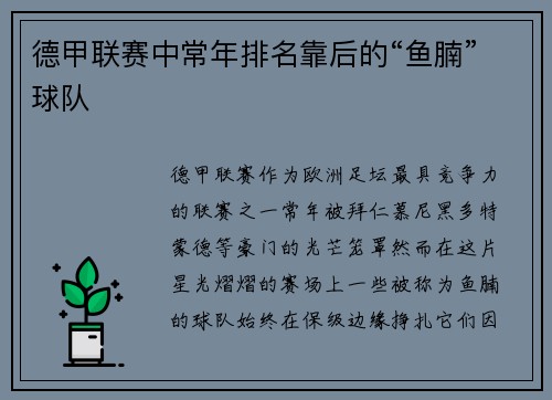 德甲联赛中常年排名靠后的“鱼腩”球队